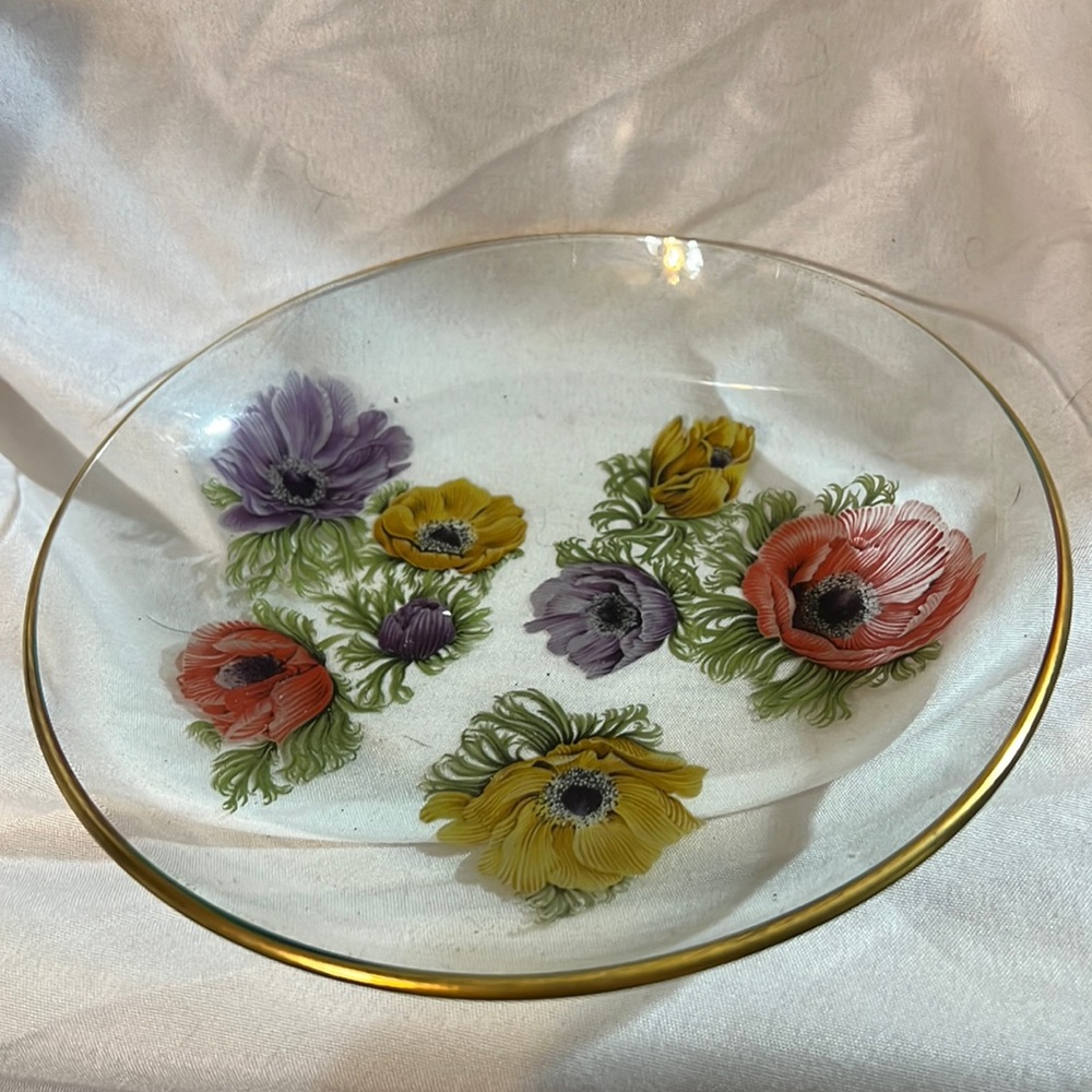 Hand painted flowers on a clear glass bread plate  gold rim